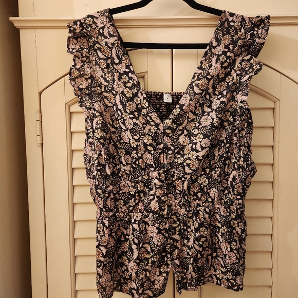 Old Navy Babydoll Blouse Top, Brown Pink Floral Smocked Ruffle Trim, Size XL - Picture 4 of 10